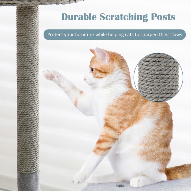 Cat tree with sisal scratching post and cozy top perch, designed for play and relaxation in gray.