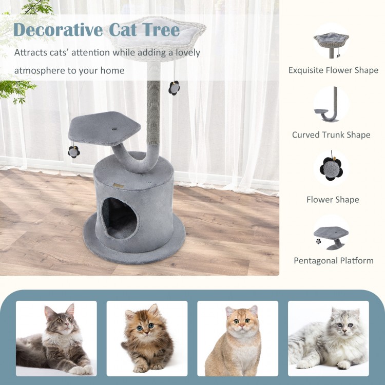 Curved 42-inch gray cat tree with cozy top perch, private condo, and sisal scratching board for playful cats.