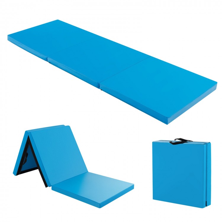 Tri-fold gym mat in blue, featuring a removable zippered cover, handles, and high-density EPE foam for versatile.