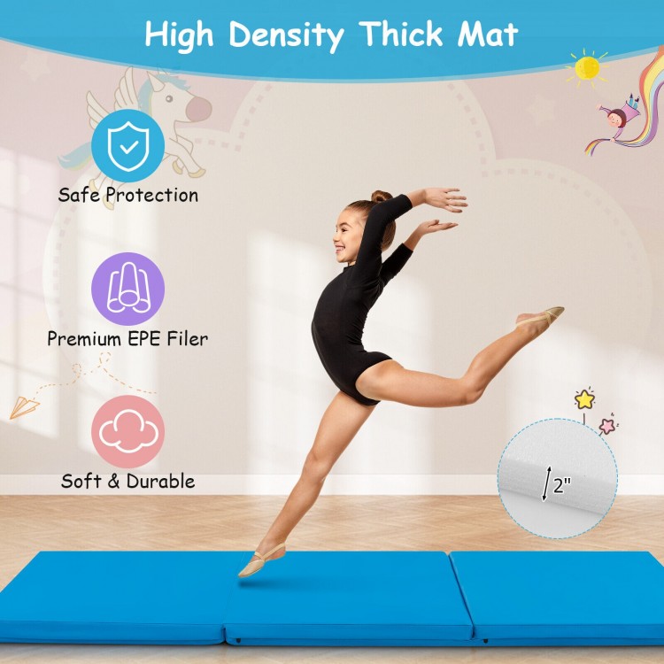 Tri-fold gym mat in blue, 6 x 2 FT, made of high-density EPE foam, ideal for yoga and martial arts.