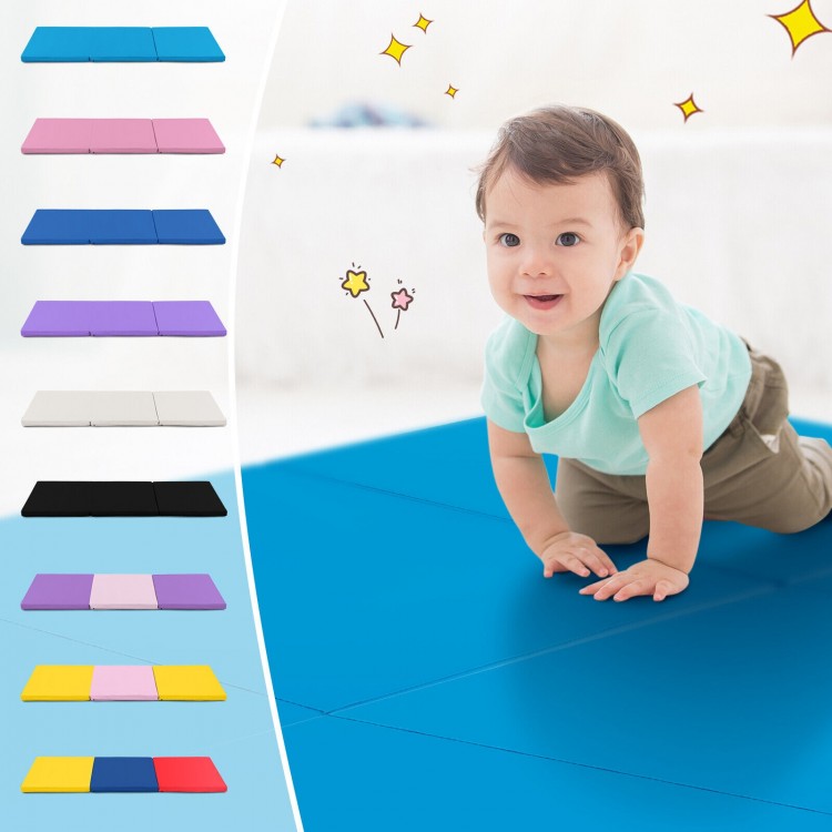 Blue 6 x 2 FT tri-fold gym mat with handles, featuring a removable zippered cover, ideal for yoga and martial arts.
