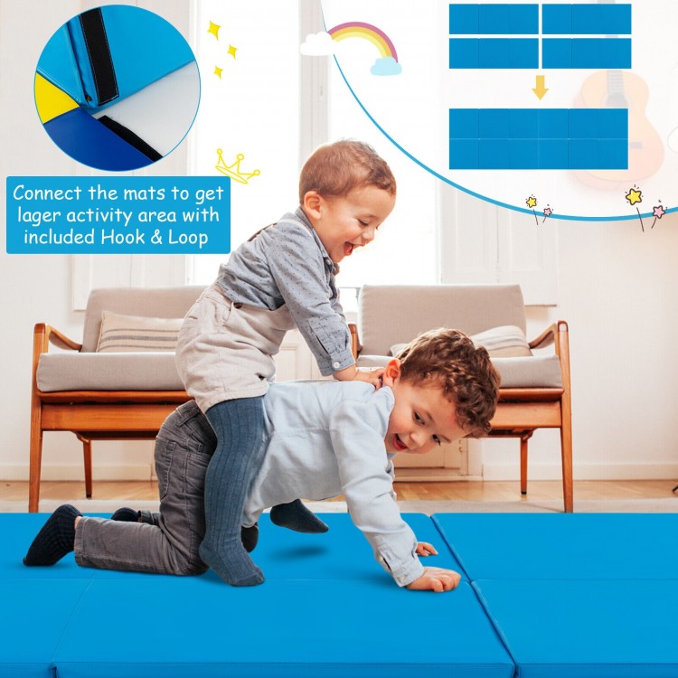 Blue 6 x 2 FT tri-fold gym mat displayed with kids playing, featuring hook and loop connections for larger activity.