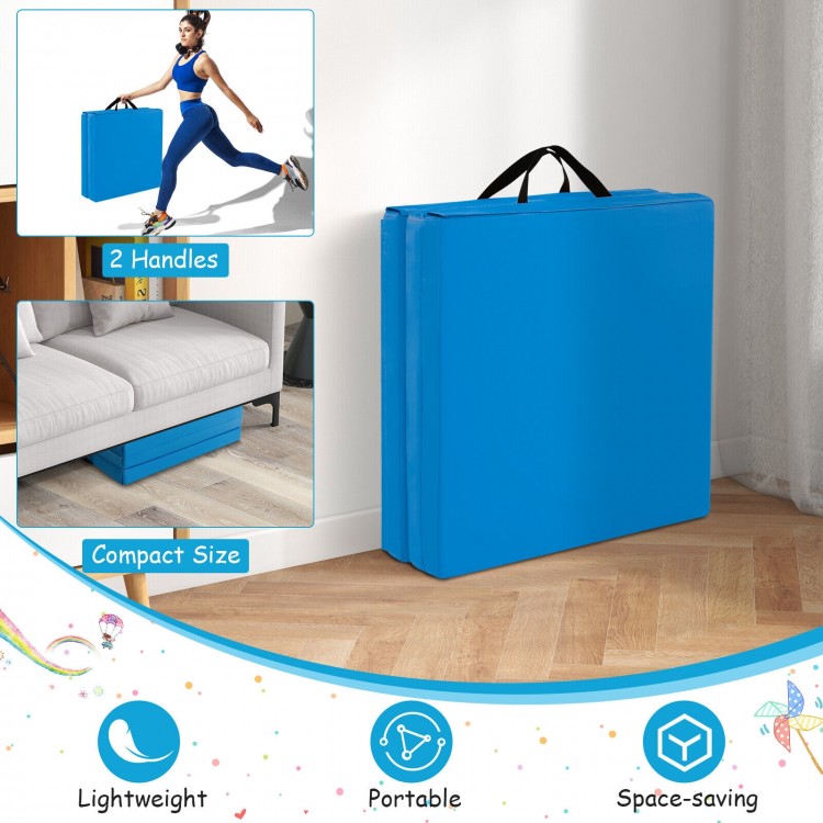 Blue 6 x 2 FT tri-fold gym mat with handles, featuring a removable zippered cover for easy cleaning and storage.