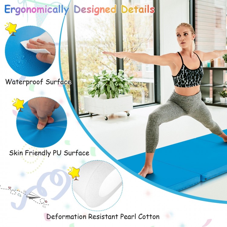 Tri-fold gym mat in blue with waterproof PU surface, ideal for yoga and martial arts, featuring removable zippered.