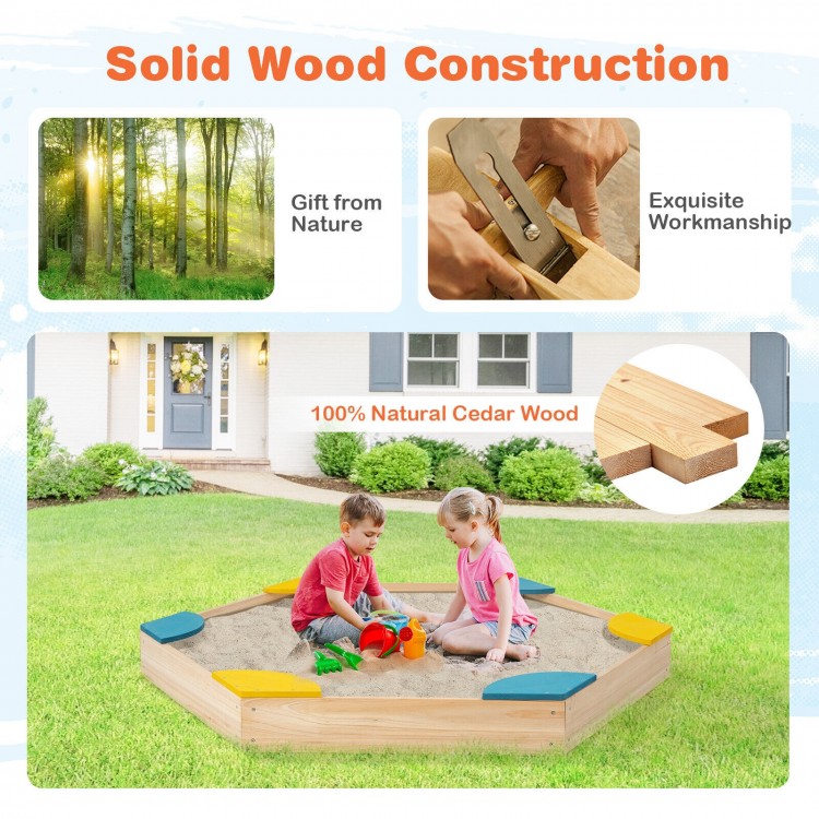 Outdoor solid wood sandbox made of natural cedar with 6 built-in fan-shaped seats for kids aged 3+ years.