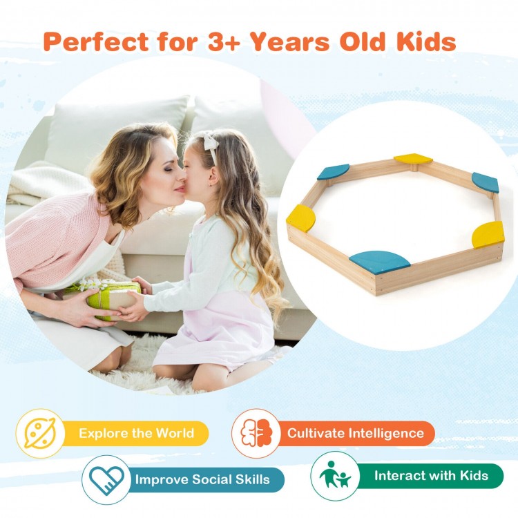 Outdoor solid wood sandbox with 6 built-in fan-shaped seats, designed for kids aged 3+, promotes safe play and social.