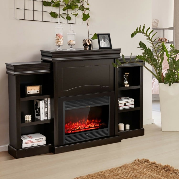 Modern 70-inch fireplace media center in brown with open shelves, ideal for living room decor and TV up to 40 inches.