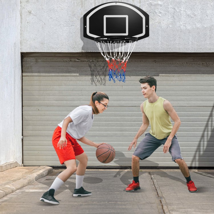 Wall-mounted basketball set featuring a large shatterproof backboard, ideal for indoor and outdoor play.