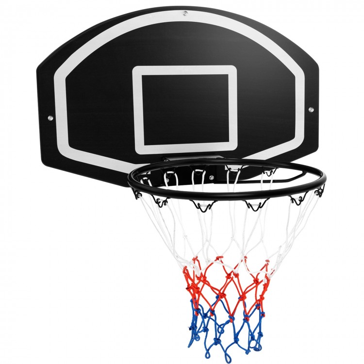 Wall-mounted basketball set featuring a large shatterproof backboard, solid metal rim, and tear-proof net for.