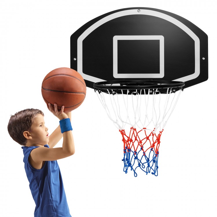 Wall-mounted basketball set featuring a large shatterproof backboard, solid metal rim, and tear-proof net for kids and.