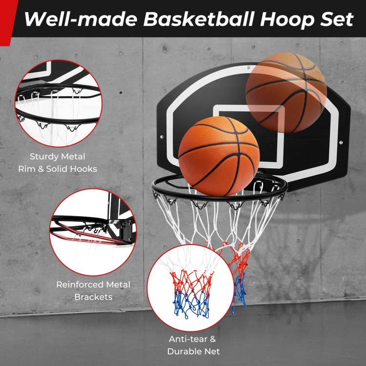 Wall-mounted basketball hoop set featuring a sturdy metal rim, shatterproof backboard, and tear-proof net for indoor.