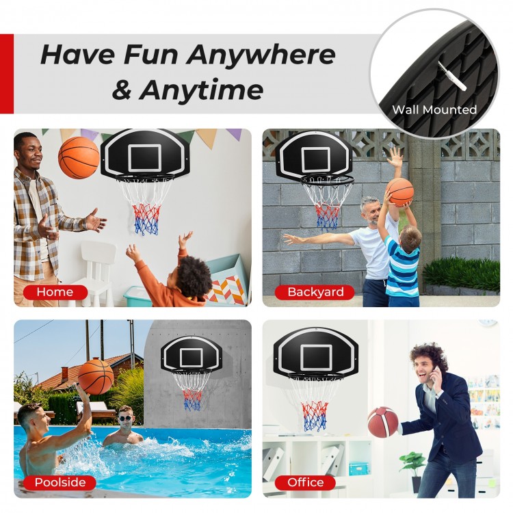 Wall-mounted basketball set featuring a large shatterproof backboard, ideal for indoor and outdoor family games.