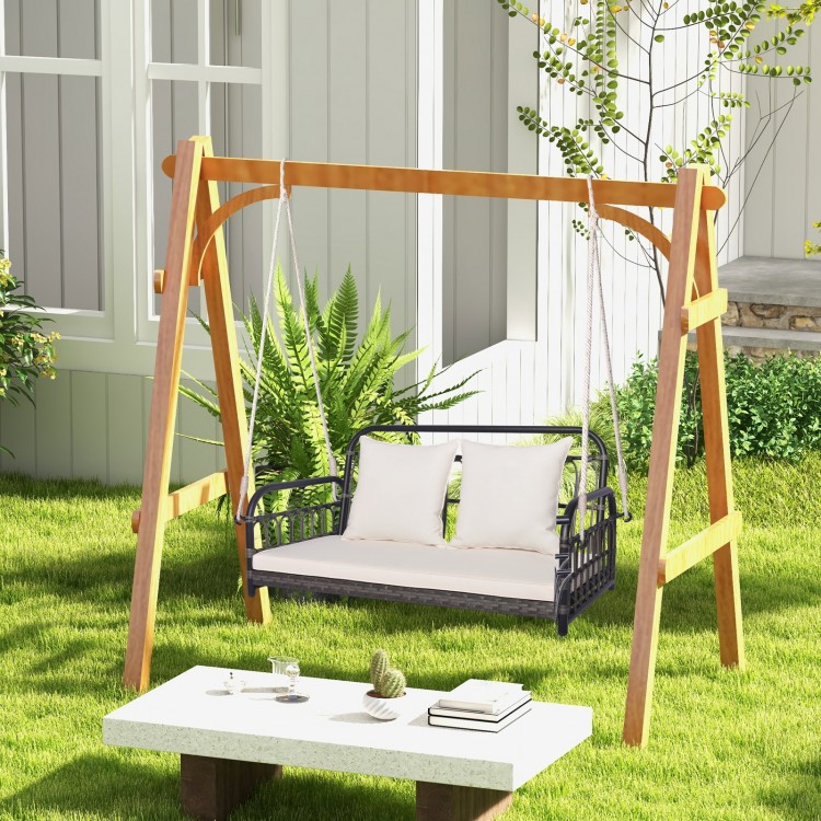 2-person outdoor hanging chair in gray with soft cushions, perfect for garden relaxation and durable PE wicker design.