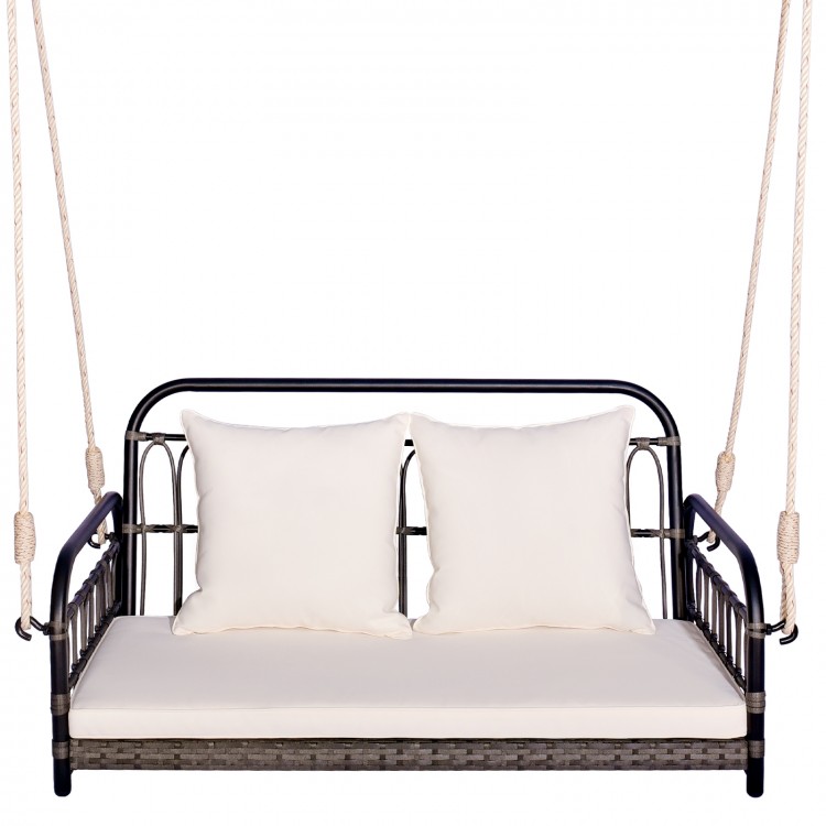 Two-person outdoor hanging chair in gray with soft cushions, suitable for porch or garden relaxation.