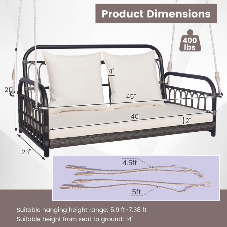 2-person outdoor hanging chair with gray PE wicker, soft cushions, and 2 hemp ropes for versatile placement and comfort.