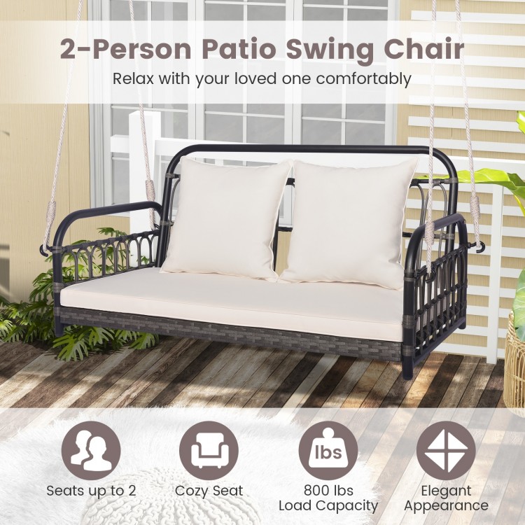 2-person outdoor hanging chair in gray with soft cushions, suitable for porches and gardens, supports 880 lbs.