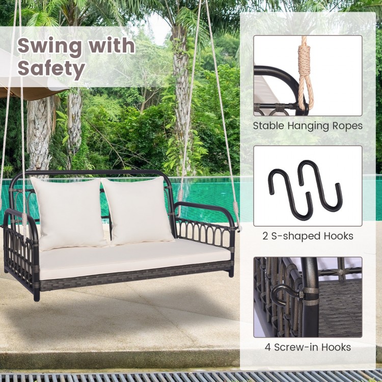 2-person outdoor hanging chair in gray with soft cushions, durable PE wicker, and flexible hemp ropes for versatile.