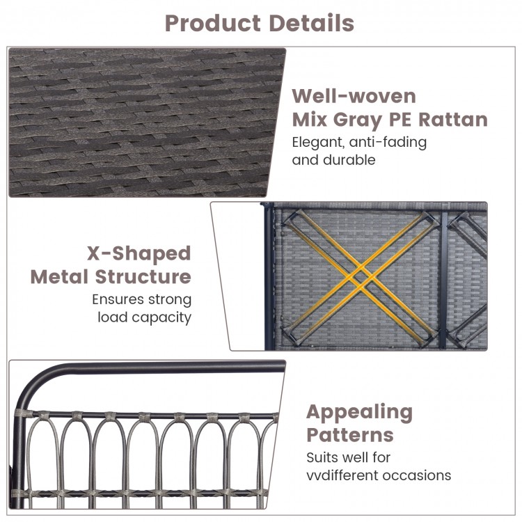 Well-woven mix gray PE rattan detail of the 2-person outdoor hanging chair with strong metal structure for durability.