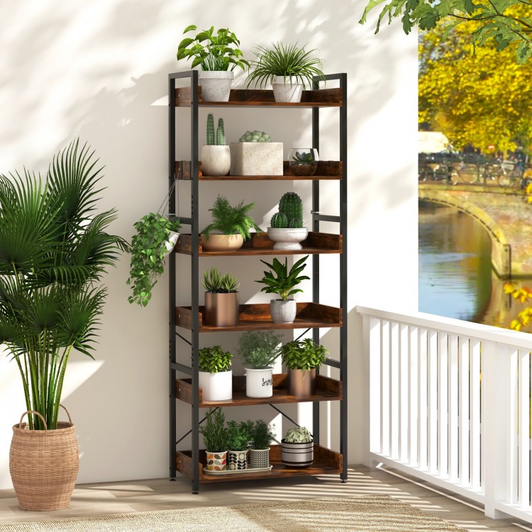 6-tier tall industrial bookcase with open shelves, brown finish, perfect for displaying plants in a stylish corner.