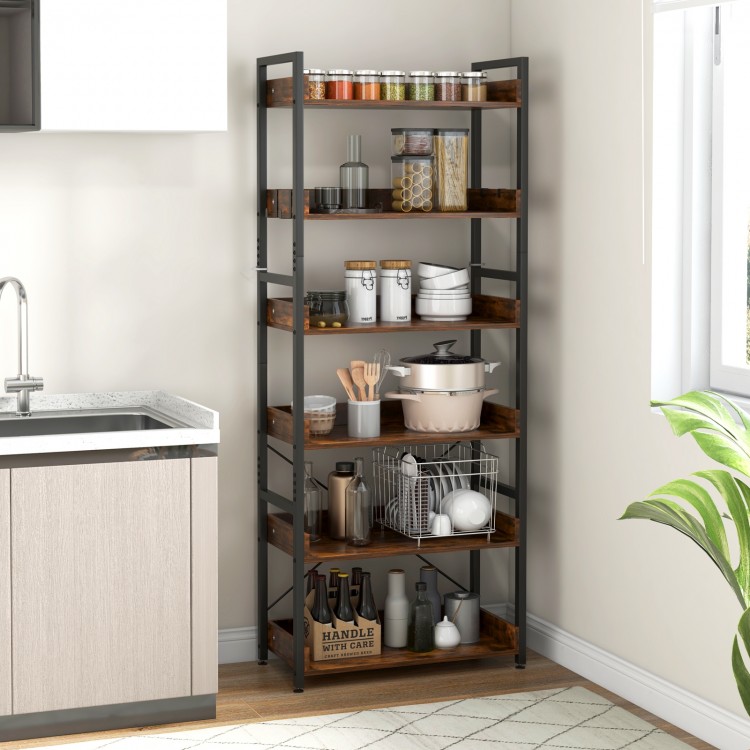 6-tier tall industrial bookcase with open shelves and hooks, featuring a sturdy metal frame and brown wood accents for.
