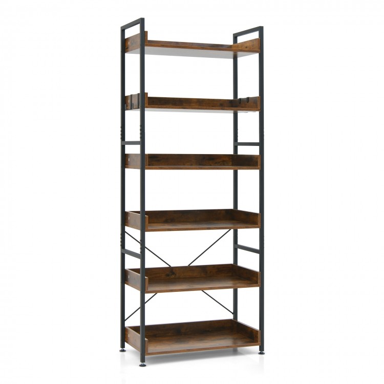6-tier tall industrial bookcase in brown with open shelves and 4 hooks, perfect for living room or study storage.