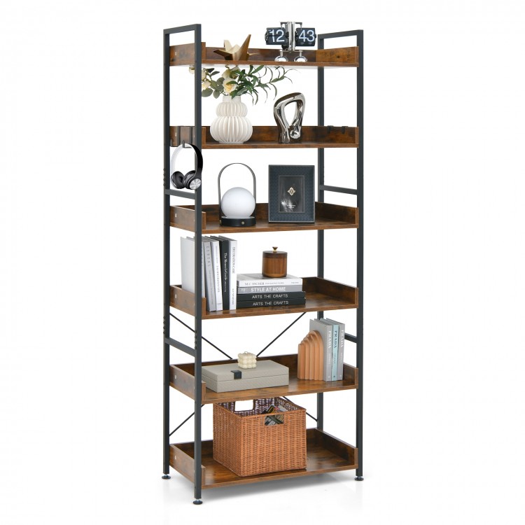 6-tier tall industrial bookcase with open shelves and hooks, featuring a brown finish and sturdy metal frame for.