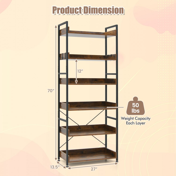 6-tier tall industrial bookcase with open shelves, brown finish, sturdy metal frame, ideal for living room or study.