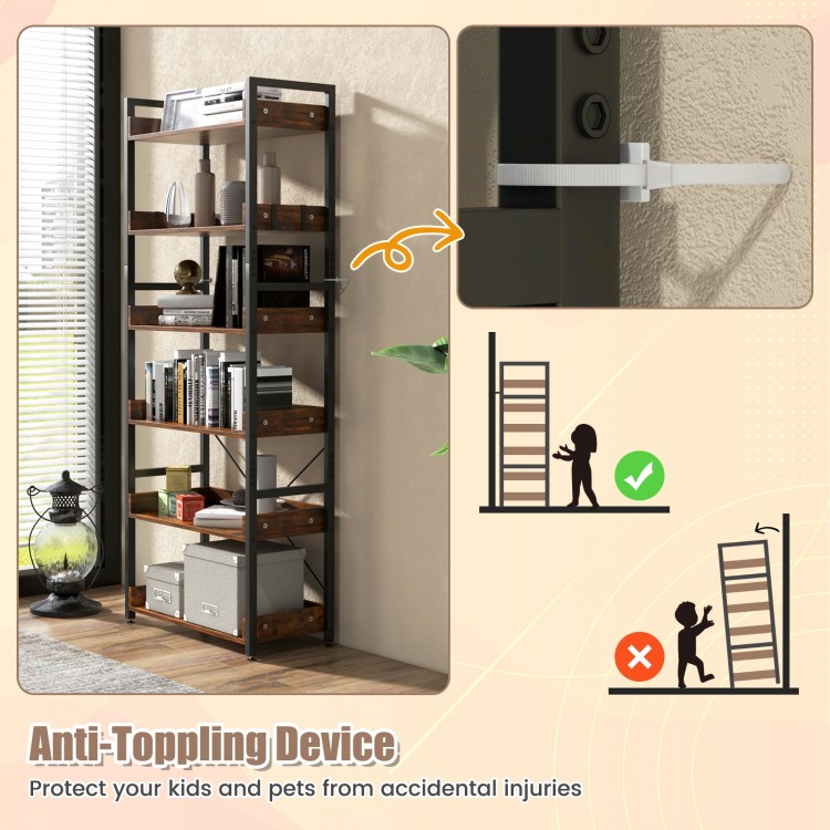 6-tier tall industrial bookcase with open shelves and hooks, featuring an anti-toppling device for added safety and.