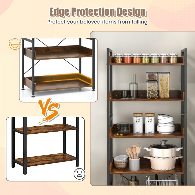 6-tier tall industrial bookcase in brown with open shelves and hooks, featuring edge protection for secure storage.