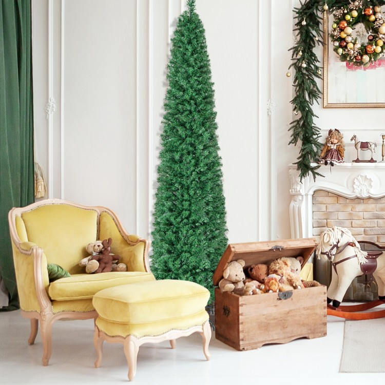 8 ft pre-lit Christmas pencil tree with colorful fiber optics, perfect for saving space in any corner of your home.