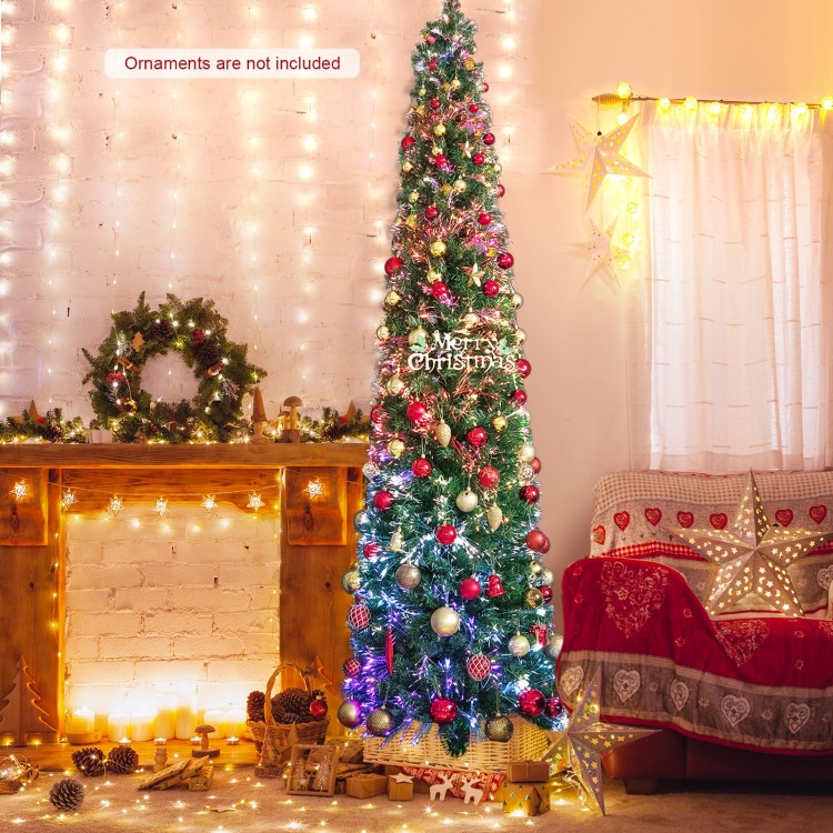 8 ft pre-lit Christmas pencil tree with colorful fiber optics, featuring vibrant branch tips for festive corner.