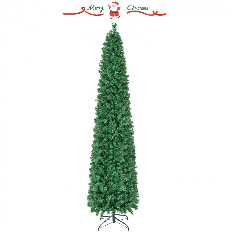 8 ft pre-lit Christmas pencil tree with colorful fiber optics, featuring a vibrant look and space-saving design for any.