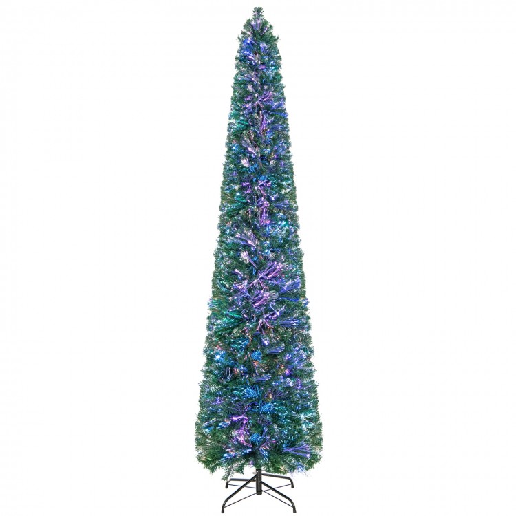8 ft pre-lit Christmas pencil tree with colorful fiber optics and vivid branch tips, perfect for space-saving holiday.