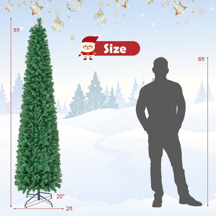 8 ft pre-lit Christmas pencil tree with colorful fiber optics, perfect for home or office holiday decor.