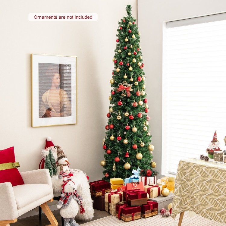8 ft pre-lit Christmas pencil tree with colorful fiber optics, perfect for space-saving holiday decor in any corner.