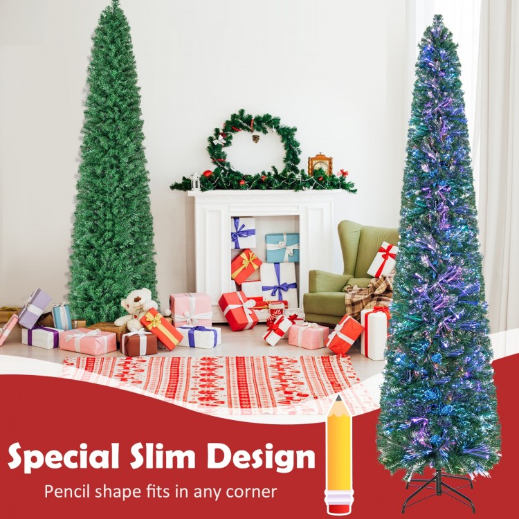 8 ft pre-lit Christmas pencil tree with colorful fiber optics, perfect for saving space in any corner.