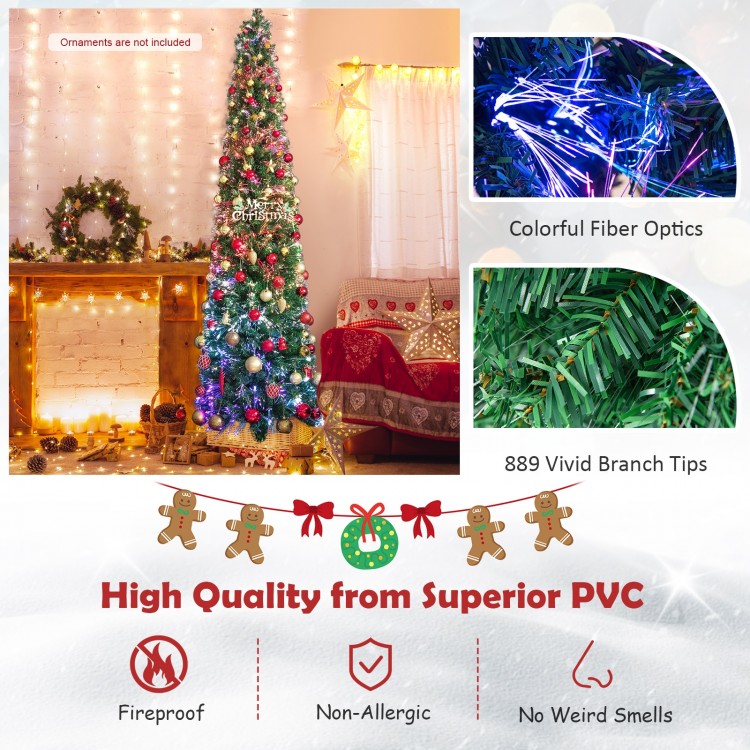 8 ft pre-lit Christmas pencil tree with colorful fiber optics and 889 branch tips, perfect for festive corner.