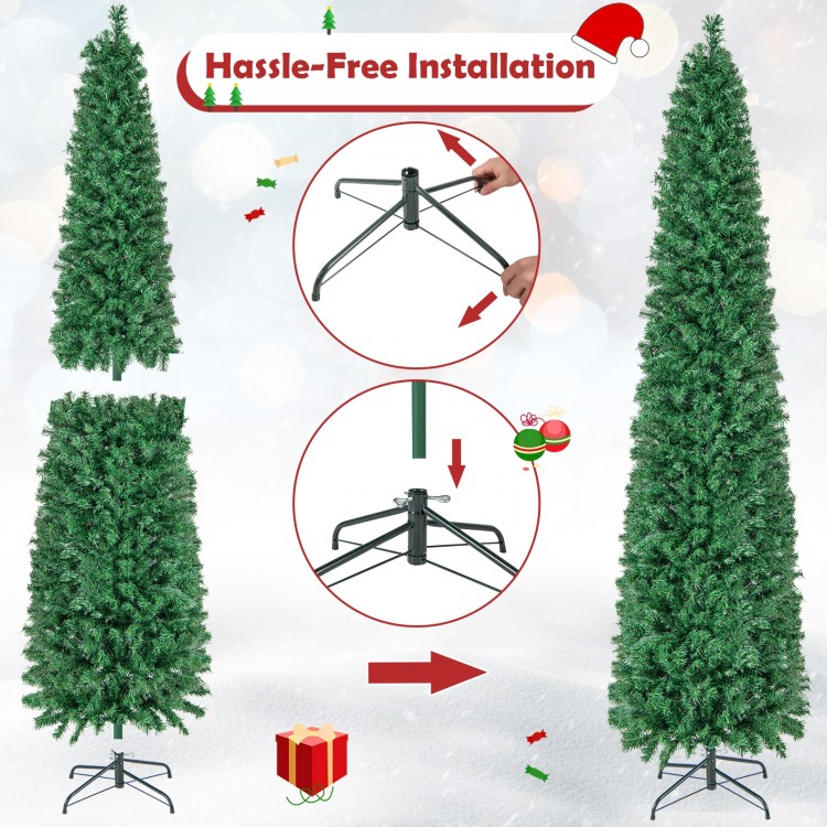 8 ft pre-lit Christmas pencil tree with colorful fiber optics, featuring a folding metal stand for hassle-free.