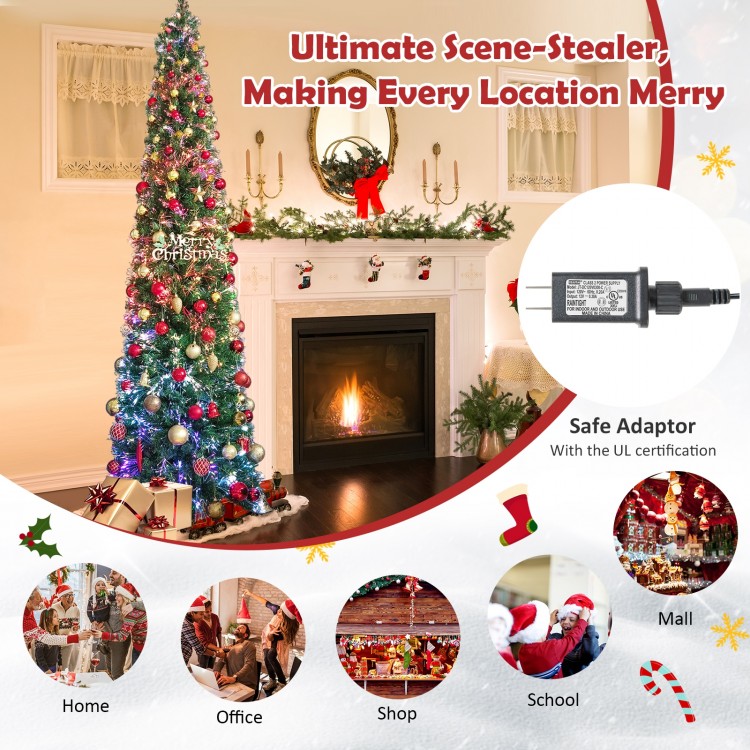 8 ft pre-lit Christmas pencil tree with colorful fiber optics, ideal for home, office, and festive decorations.