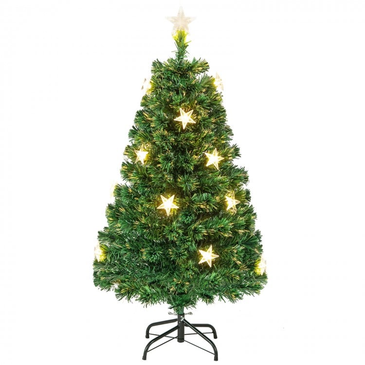 Prelit 4 ft fiber optic Christmas tree with warm white lights and star decorations, perfect for festive home decor.