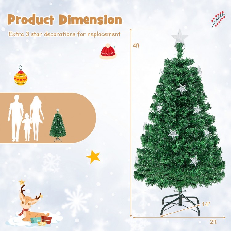 4ft prelit fiber optic Christmas tree with warm white lights, metal base, and star decorations for festive home decor.