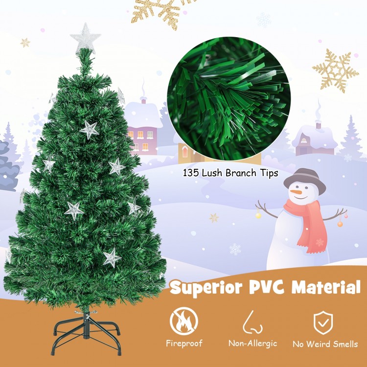 4 ft prelit fiber optic Christmas tree with warm white lights, 135 PVC branch tips, ideal for festive home decoration.