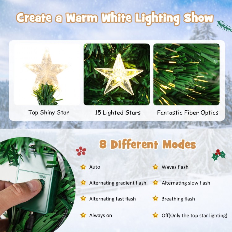 Prelit 4 ft fiber optic Christmas tree with warm white lights, featuring 15 star decorations and 8 variable flash modes.