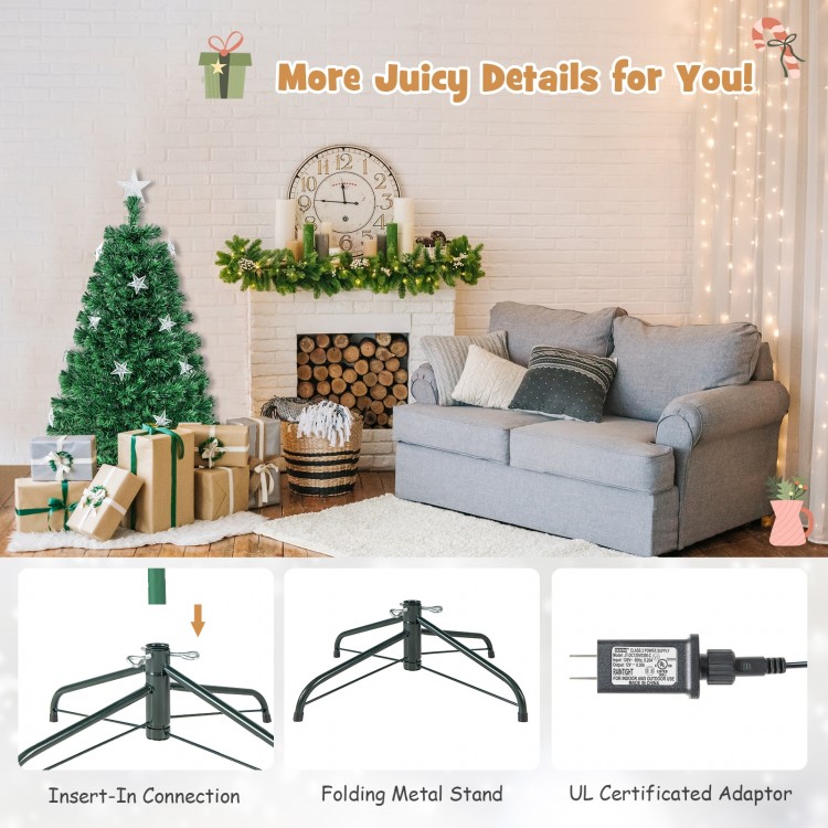 Prelit fiber optic Christmas tree with warm white lights and metal base, perfect for festive home decoration.