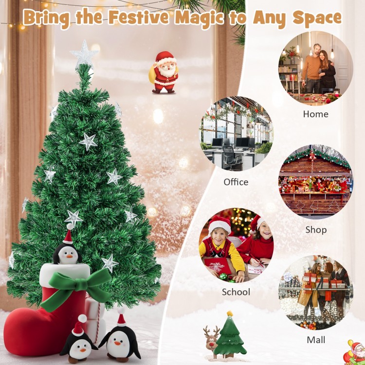 Prelit 4 ft fiber optic Christmas tree with warm white lights and metal base, perfect for festive home or party decor.