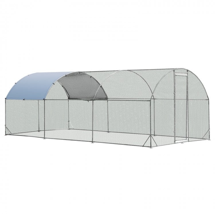 Large metal chicken coop with galvanized steel frame and waterproof cover, ideal for outdoor use and animal safety.