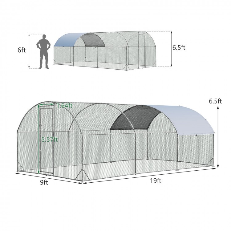 Large metal chicken coop with galvanized steel frame, waterproof cover, and lockable door for outdoor use.