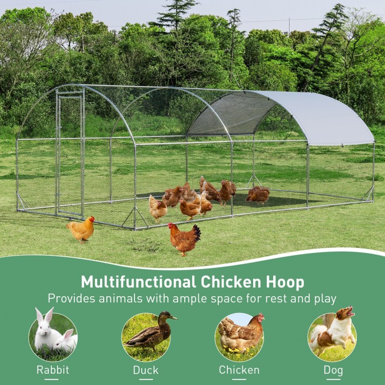 Large metal chicken coop with galvanized steel frame and waterproof cover, ideal for chickens, ducks, and rabbits.