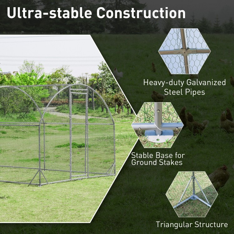 Large metal chicken coop featuring a triangular structure and heavy-duty galvanized steel for outdoor stability.