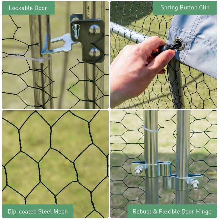 Close-up of the lockable door and robust hinge of the galvanized steel chicken coop for secure access and safety.